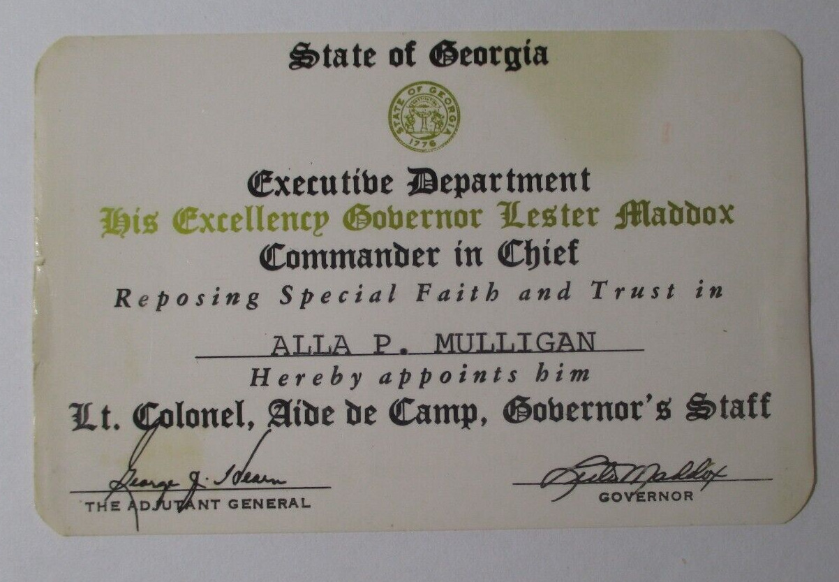1960s ID Card HONORARY Georgia Lt Colonel Commission LESTER MADDOX Like Kentucky