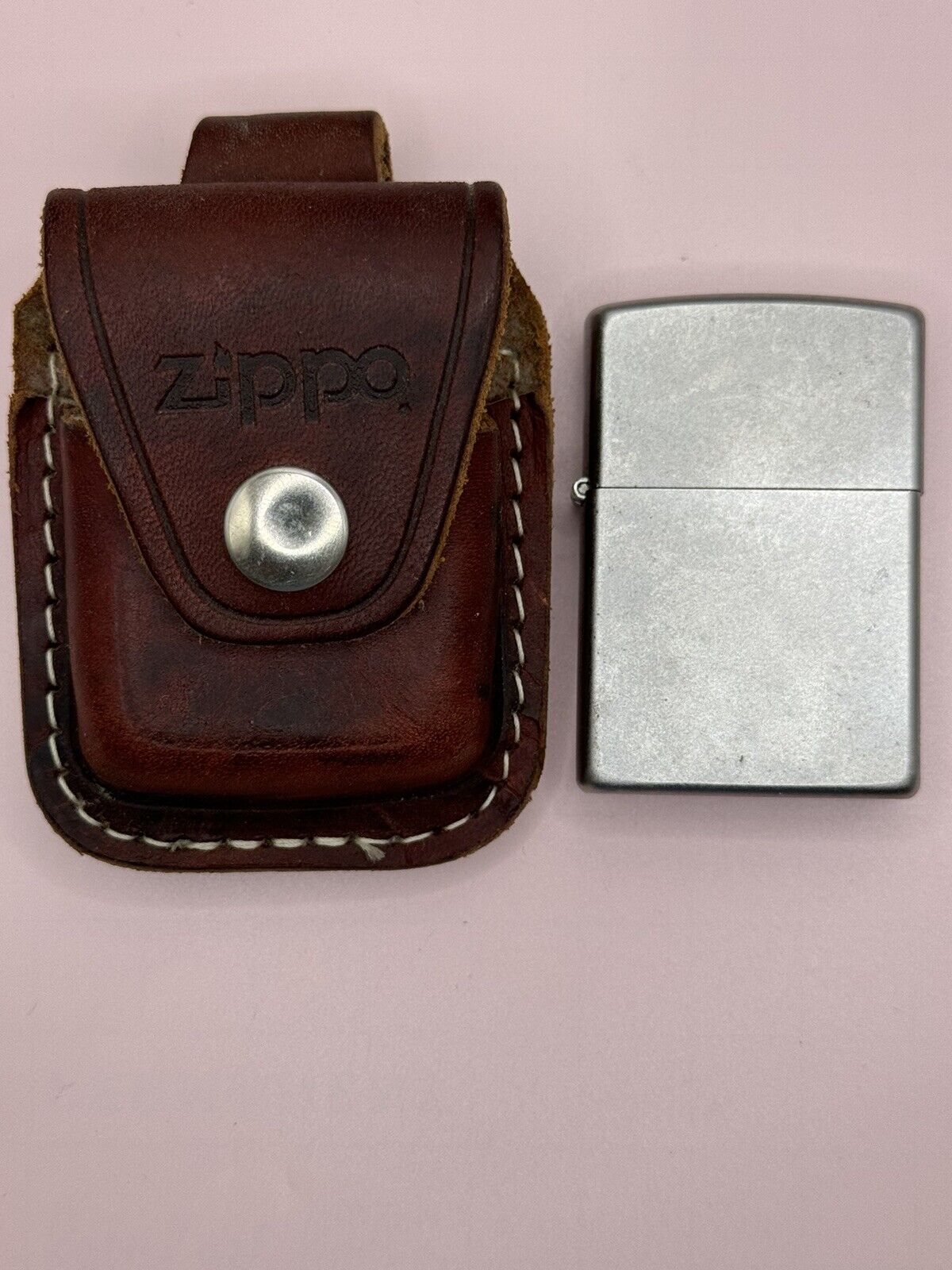 Vintage 2011 Chrome Zippo Lighter NEW & Brown Leather Zippo Pouch
