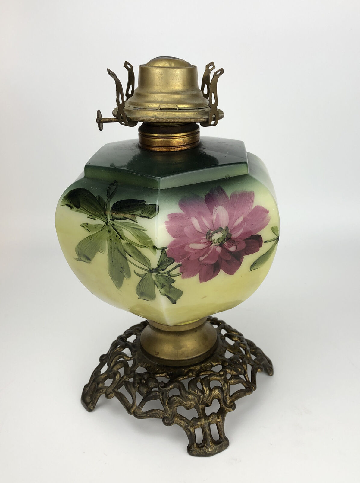 Vintage Hand Painted Glass Iron Base Brass Kerosene Oil Lamp