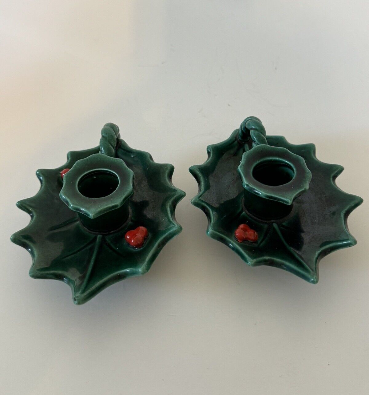 VTG Lefton Green Holly Berry Candle Holders Set Japan Ceramic Taper Finger Loop