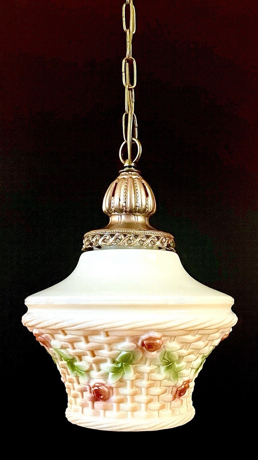 Vintage Nicholas Kopp Basket Weave Rose Floral Glass Hanging Swag Light/Lamp
