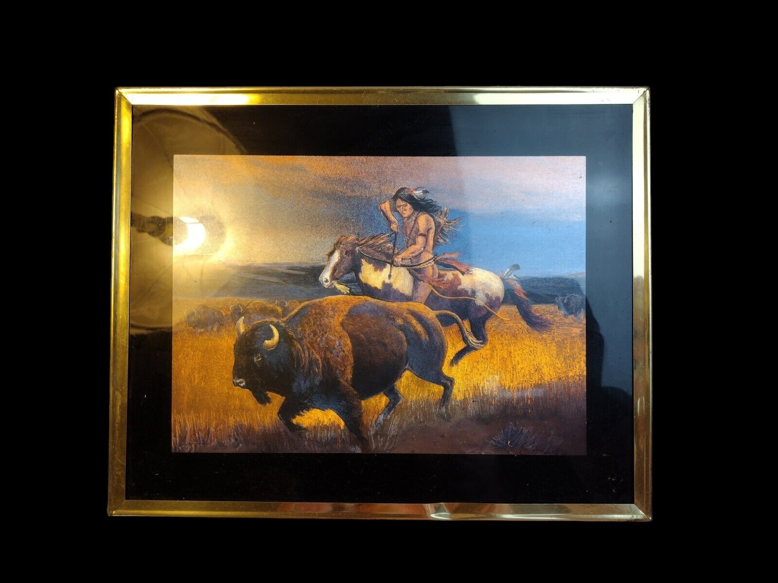 Indian Hunting Buffalo Framed Dufex Foil Print Gold Tone Frame Vintage Native 