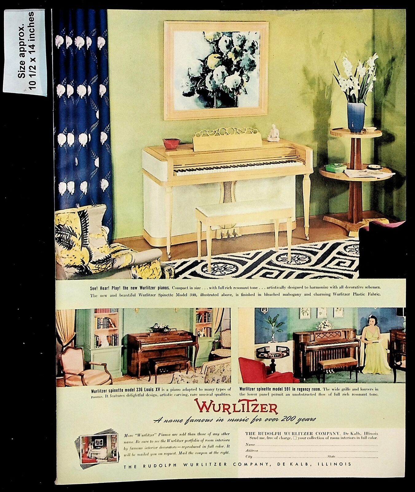 1941 Wurlitzer Pianos Home Model Spinette Plastic Fabric Vintage Print Ad 39810