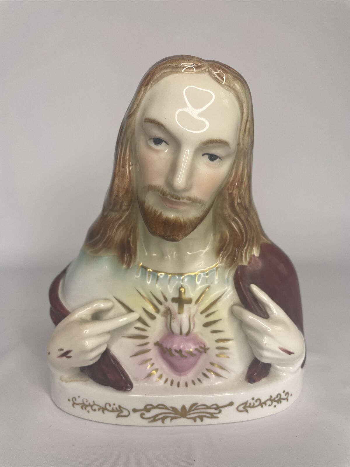 Vintage 1950s Napco Giftcraft Sacred Heart Jesus Porcelain Bust Statue Figure 6”