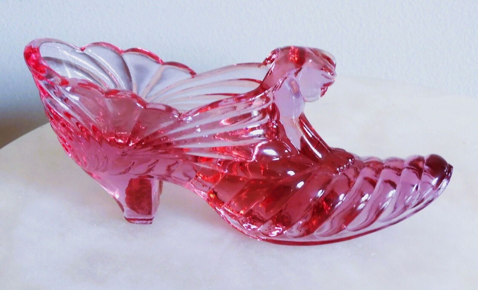 Fenton Dusty Rose CAT HEAD Pink Glass Swirl Shoe Slipper Boot Signed Art Glass