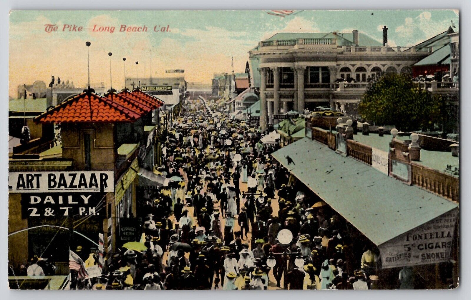 The Pike Long Beach CA Postcard 1910s Art Bazaar Frank's Cafe Majestic Dances