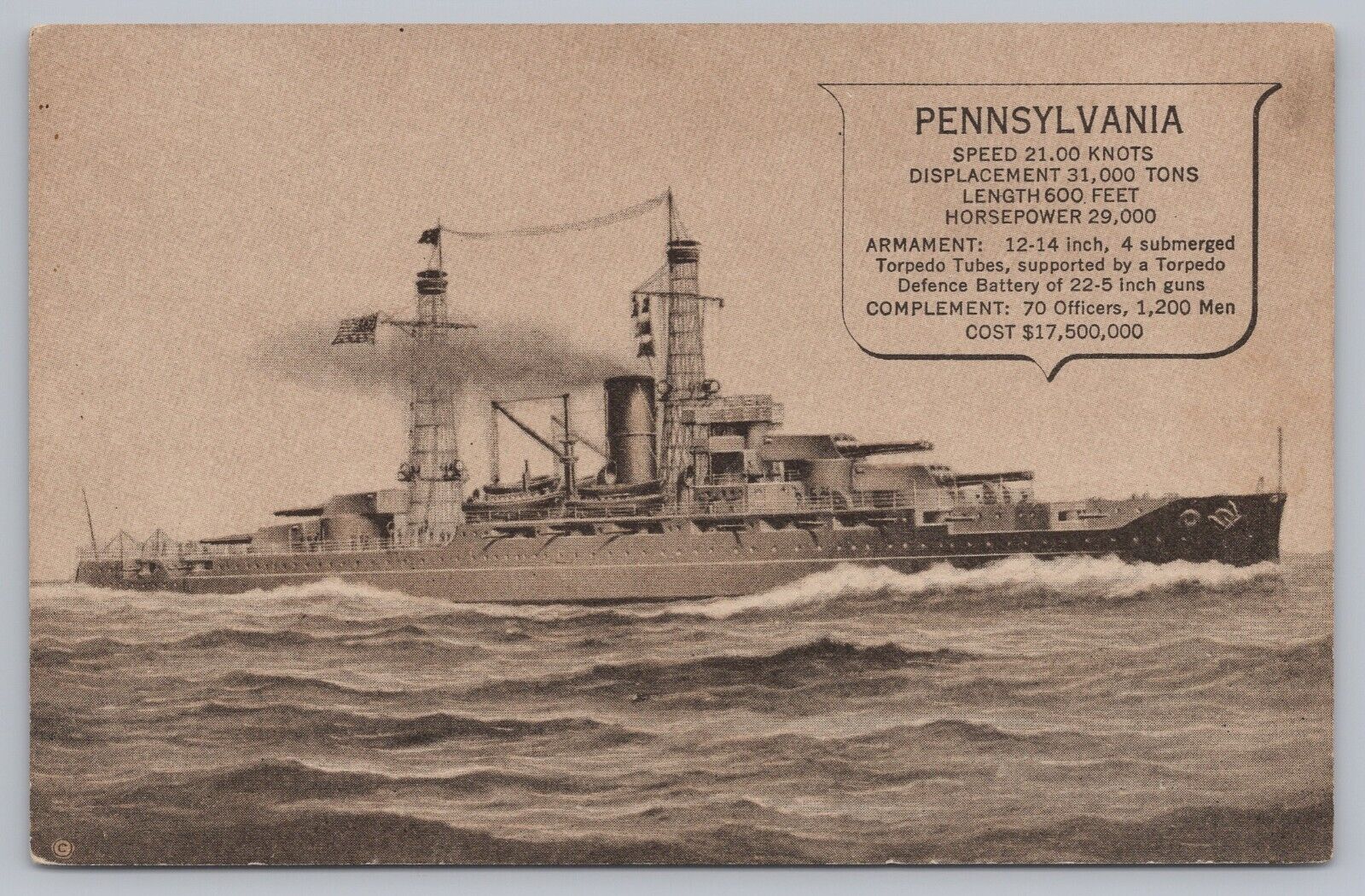 U.S.S. Pennsylvania Vintage Postcard Battleship at Sea United States Navy