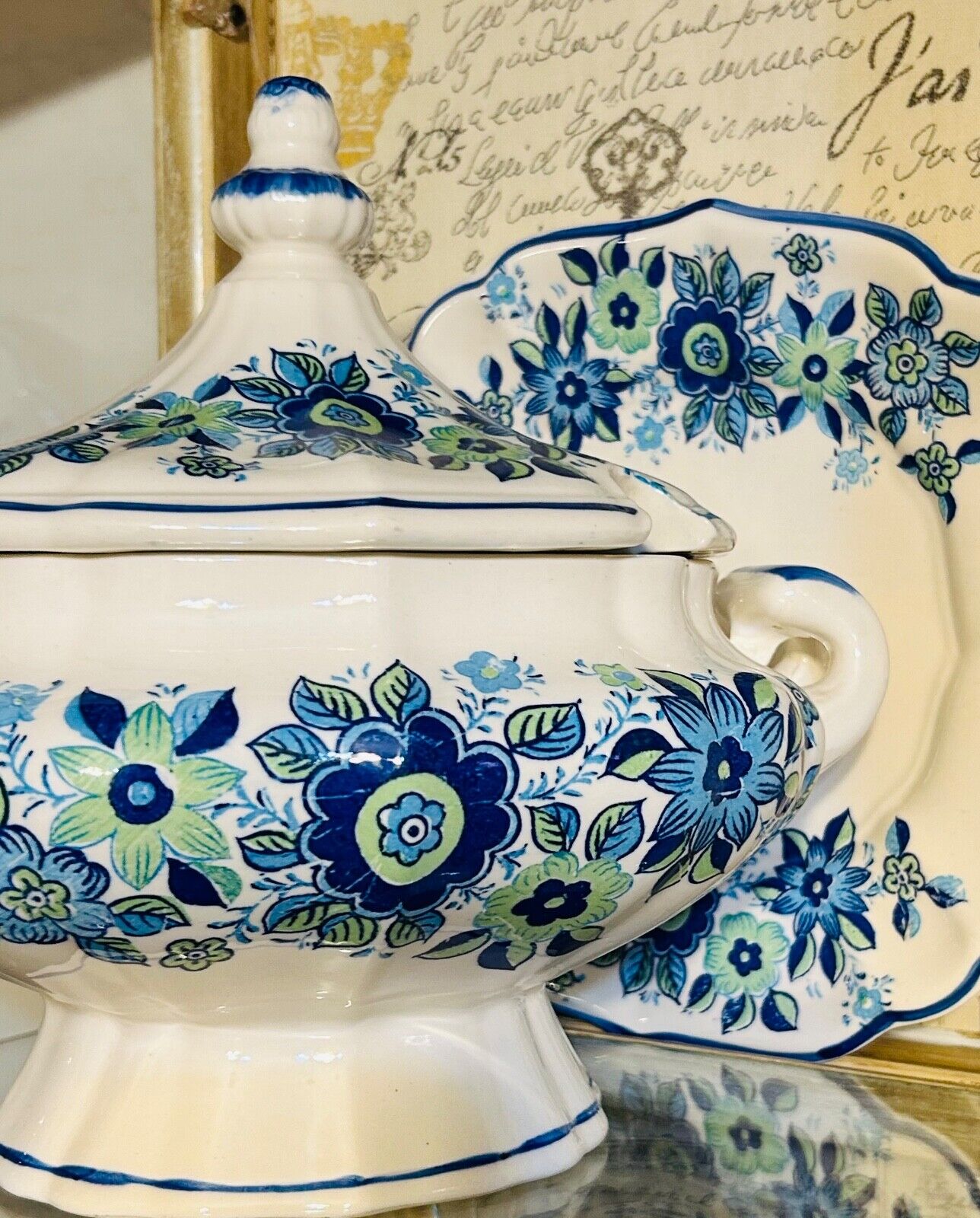 Vintage Blue & White Porcelain Soup Tureen w Plate
