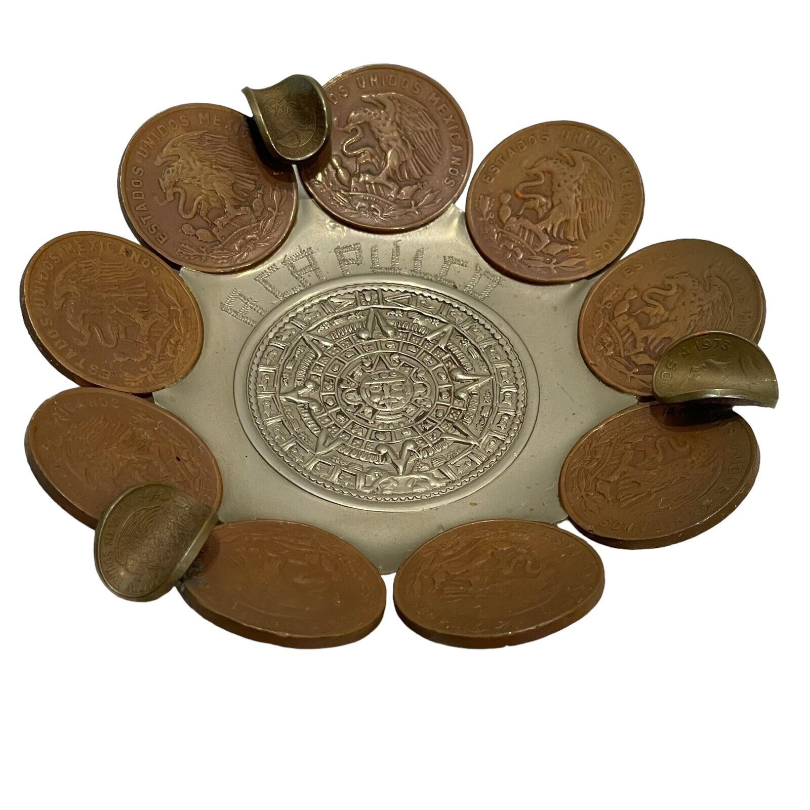 Vintage Mexican Coin 20 Centavos Metal Ashtray Made in Acapulco 1960\'s 