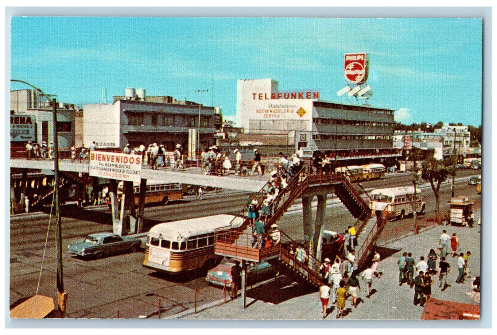 Guadalajara Mexico Postcard Pedestrian Bridge Across Busy Thoroughfare c1950's