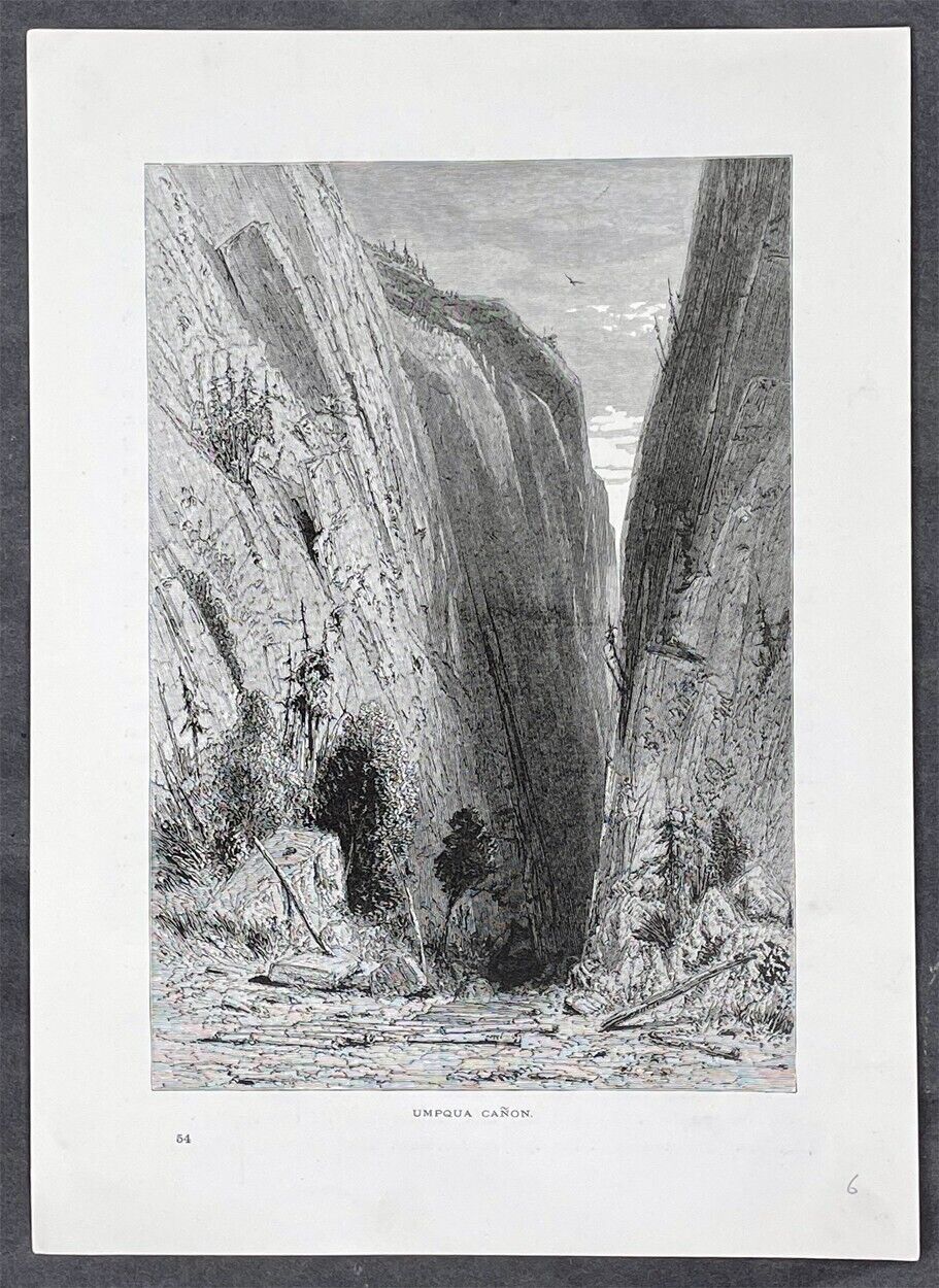 1874 Picturesque America Antique Print View of Umpqua Canon & River, Oregon