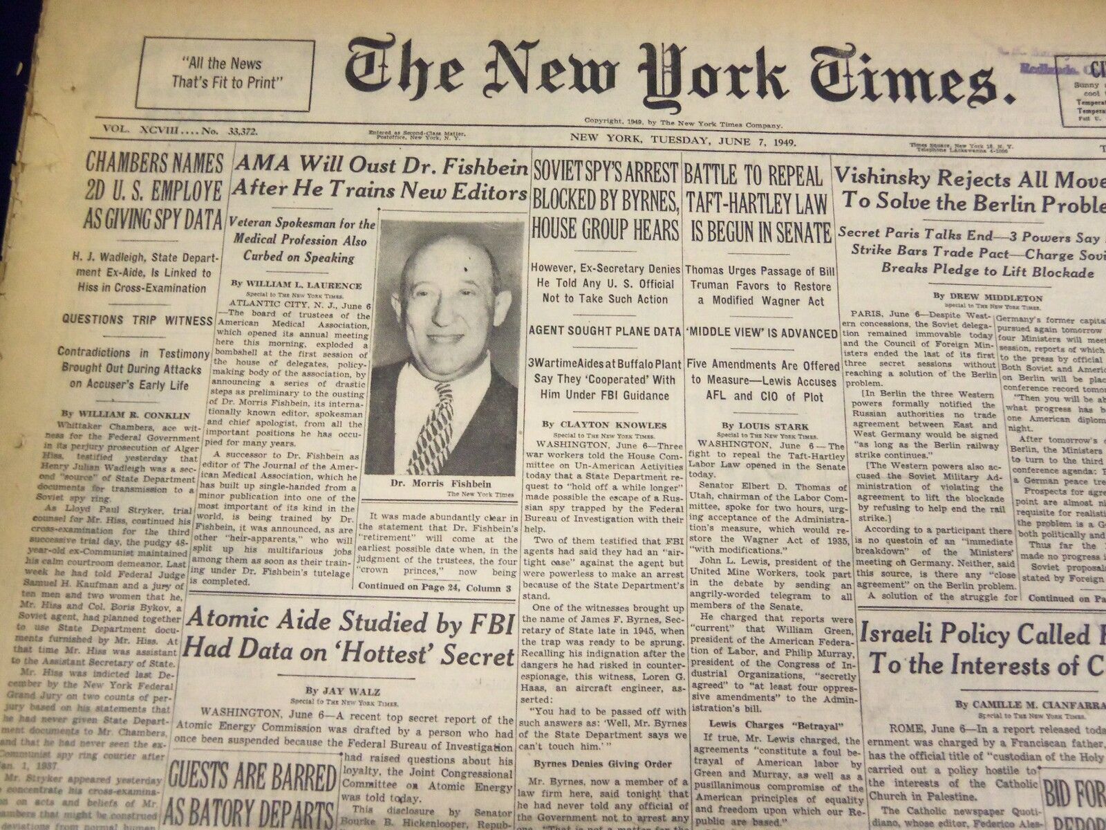 1949 JUNE 7 NEW YORK TIMES - CHAMBERS NAMES 2D U. S. EMPLOYEE AS SPY - NT 1508