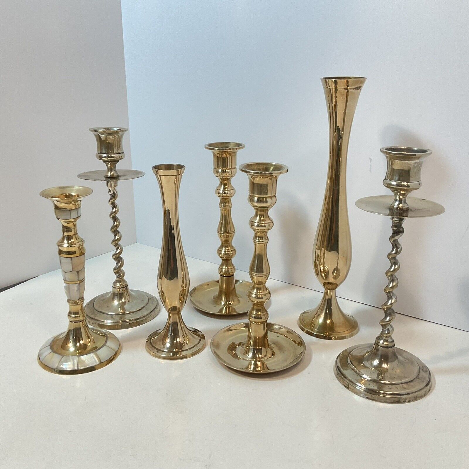 Vintage 6” To 9” Brass Polished Candlestick Candle Holders Mixed SET OF 7.