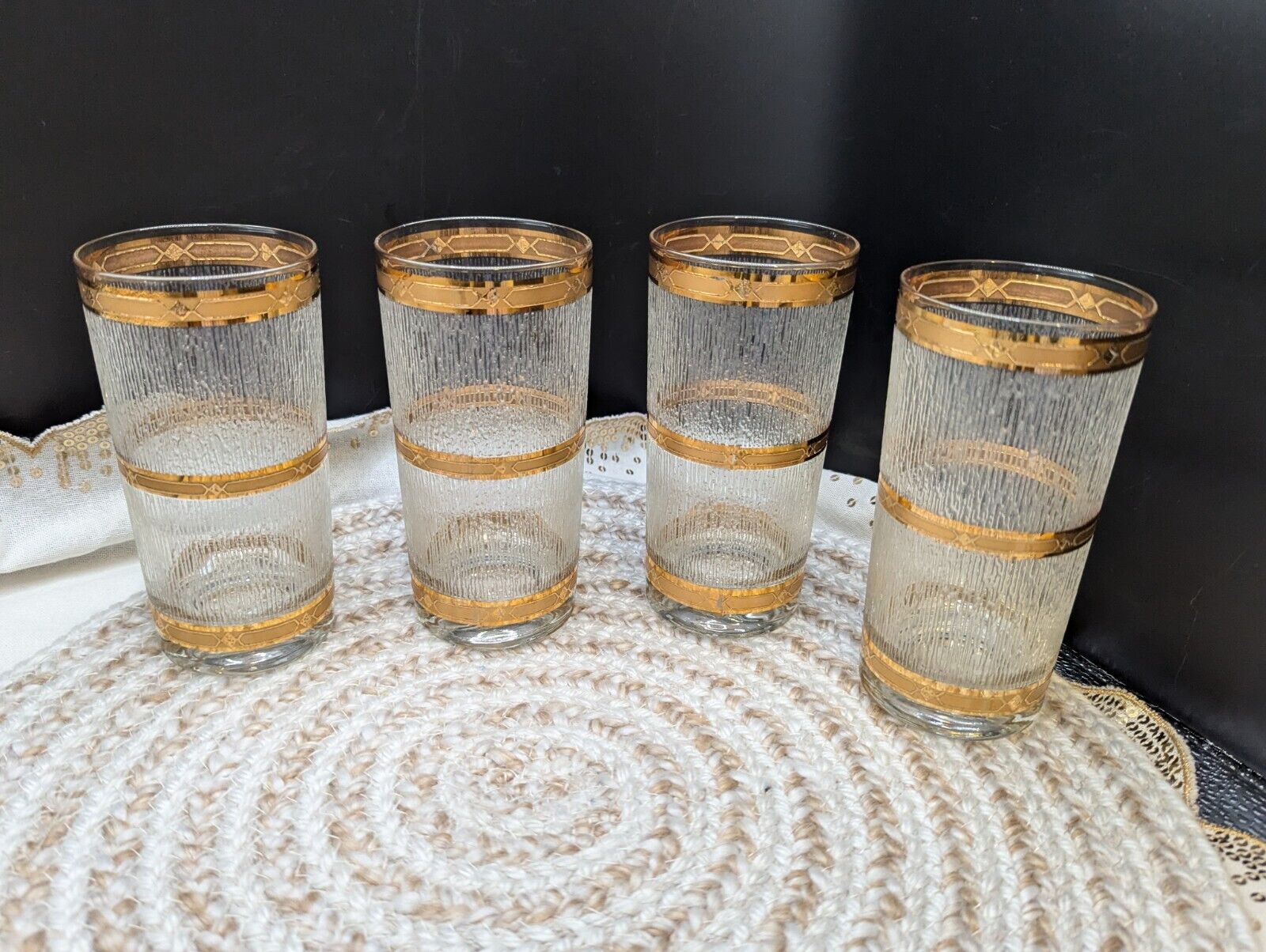 Set of 4 Vintage Culver Highball Icicle Glass Tumblers Gold Trim MCM Barware