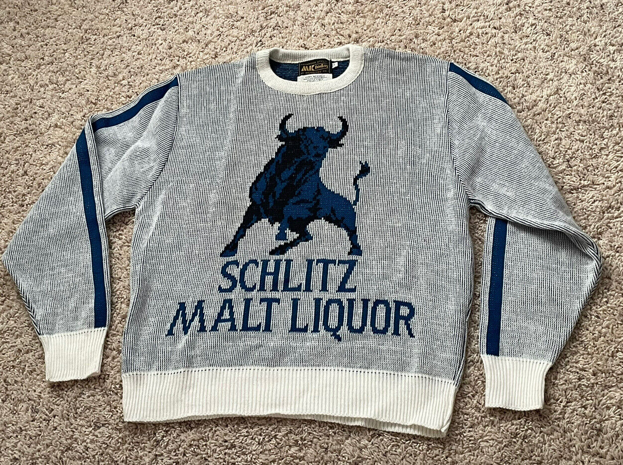 Vintage Schlitz Malt Liquor Bull Beer Logo Knit Sweater - Size L- RARE 1970s