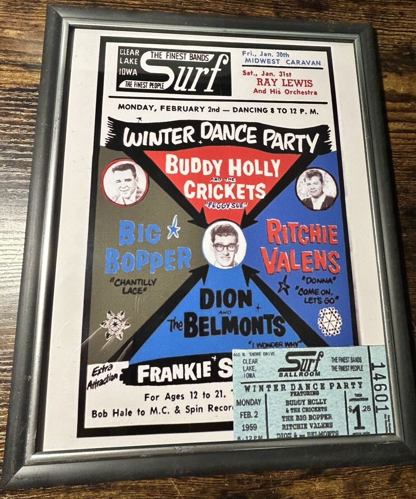 Surf Ballroom Buddy, Ritchie, Bopper, Dion  Framed Reprint  Photo And Ticket