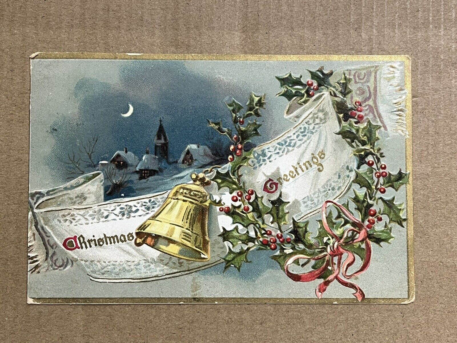 Rafael￼ Tuck Christmas Eve Greetings Moon Holly City Snow Vintage c1908 Postcard