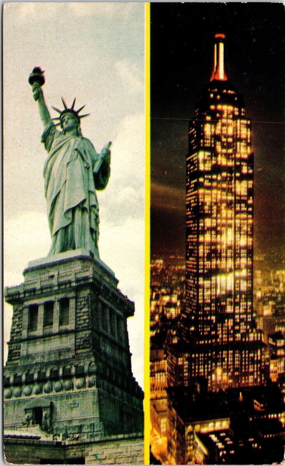 Statue Of Liberty Empire State Building New York City NY Chrome Cancel Postcard