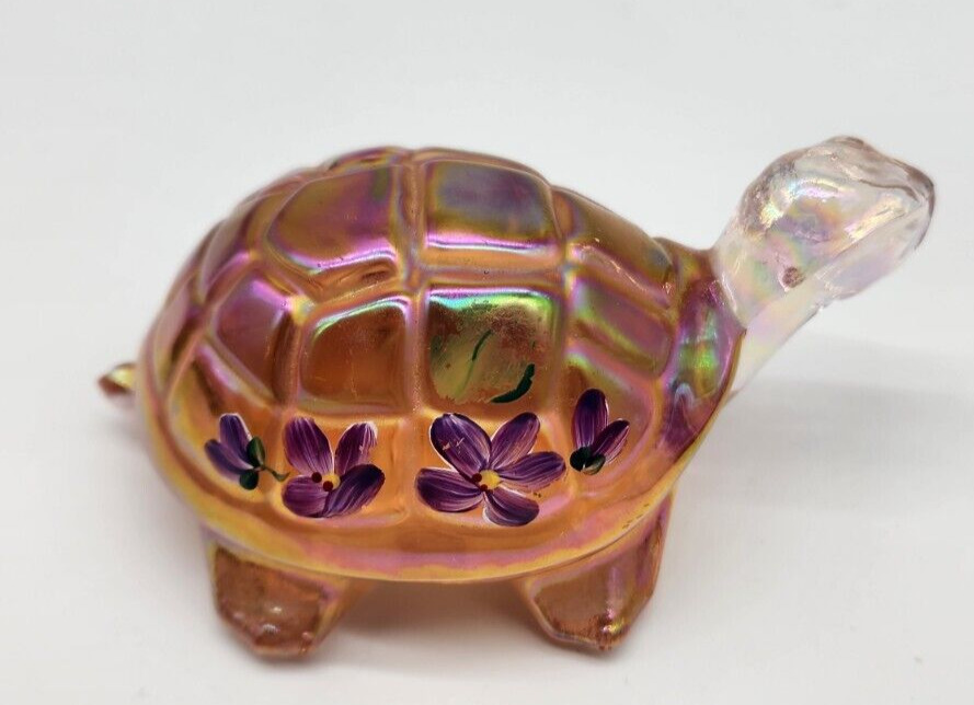Fenton Lennox Sunset Iridescent Carnival Glass Turtle Hand Painted Floral Signed