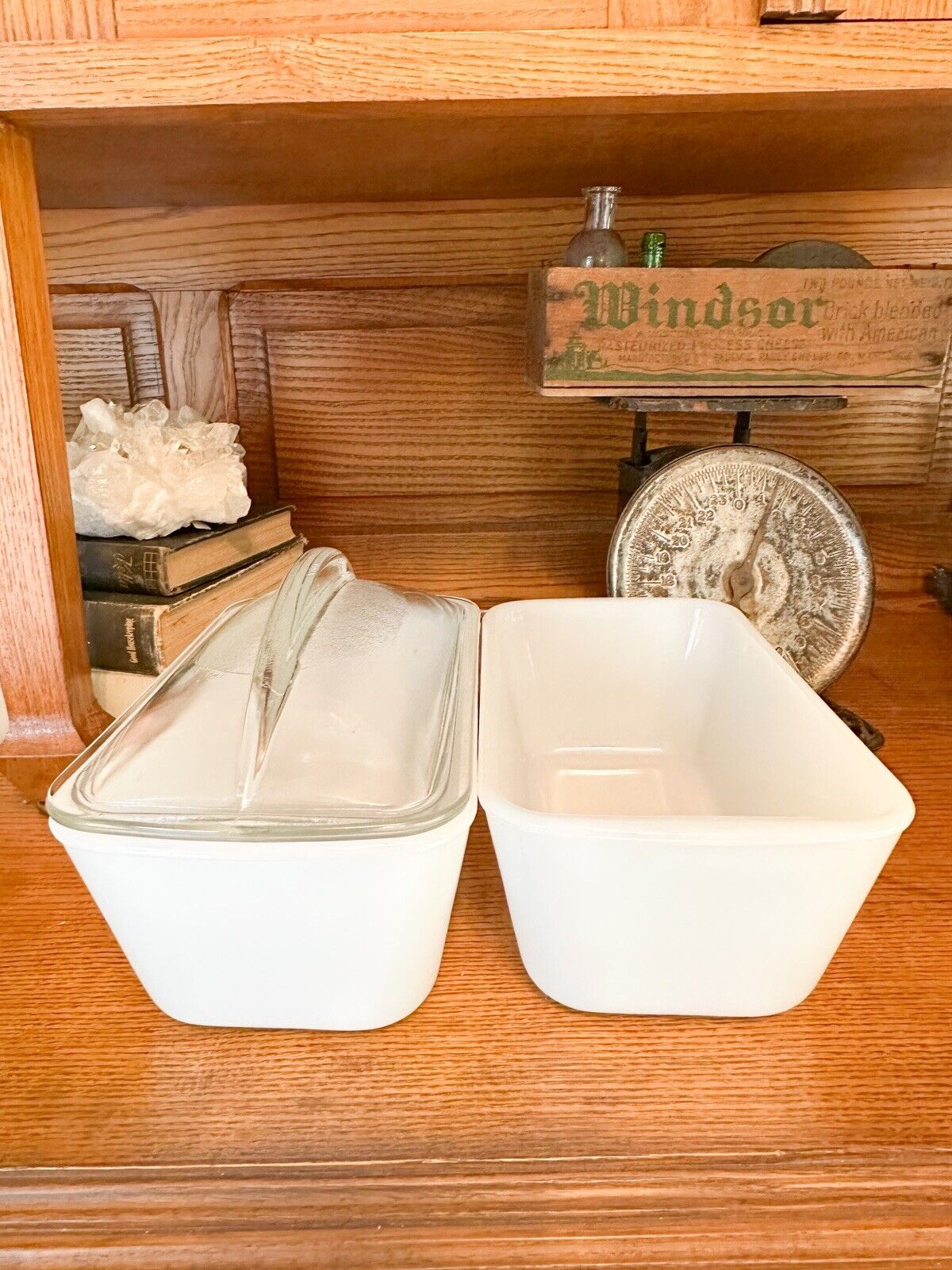 2 Westinghouse Milk Glass Loaf Pans with Clear Dome One Lid Beautiful Condition