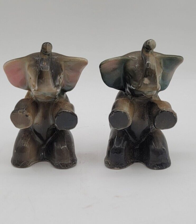 Vintage Ceramic Elephants Japan Trunks Up Mid-Century Set of 2 