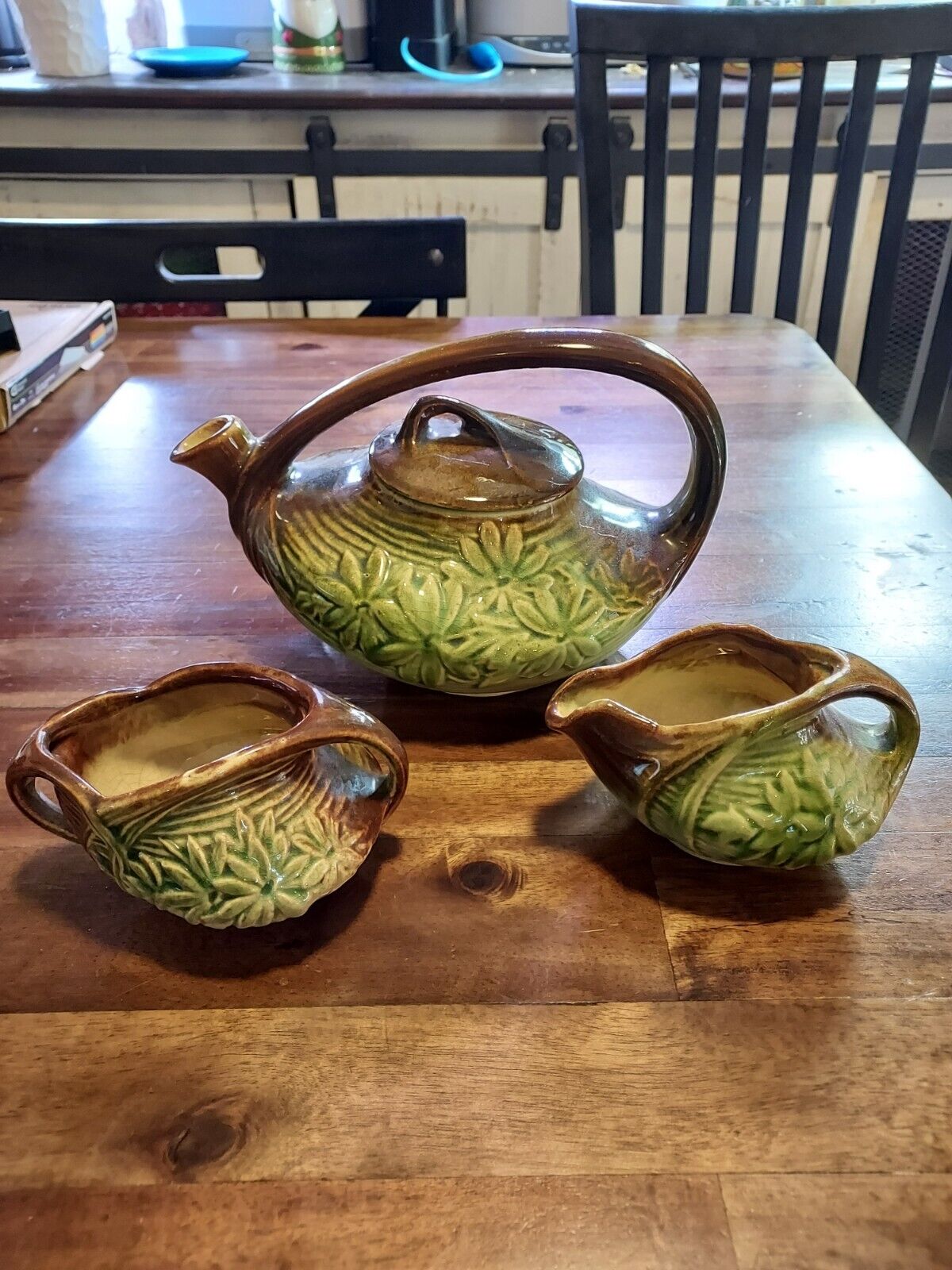 Vtg McCoy Aladdin Style Tea Pot/ Cream & Sugar Set Brown/Green Daisy Pattern 