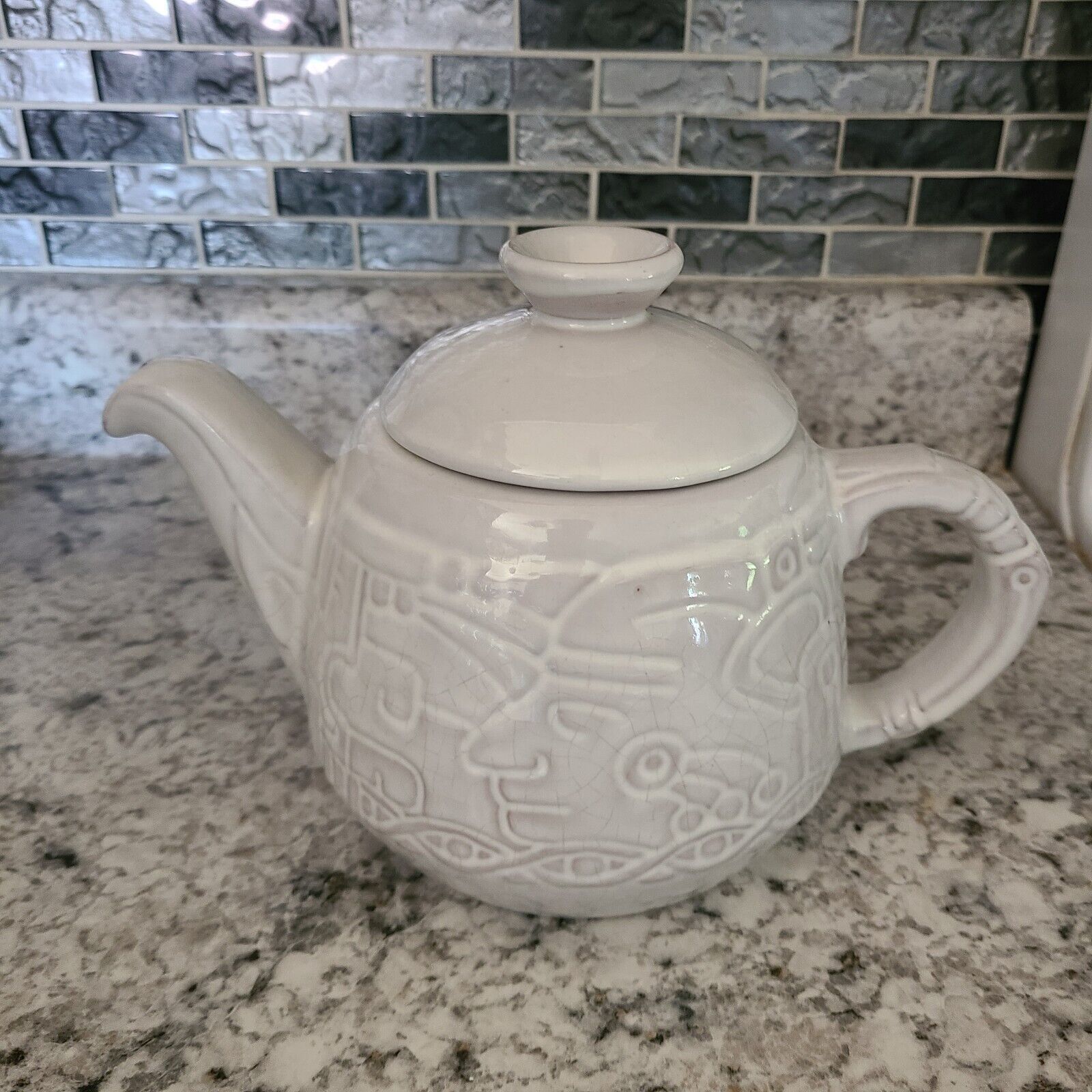 Vintage Frankoma Mayan Aztec 5 Cup Tea Pot Ceramic White Glazed Western