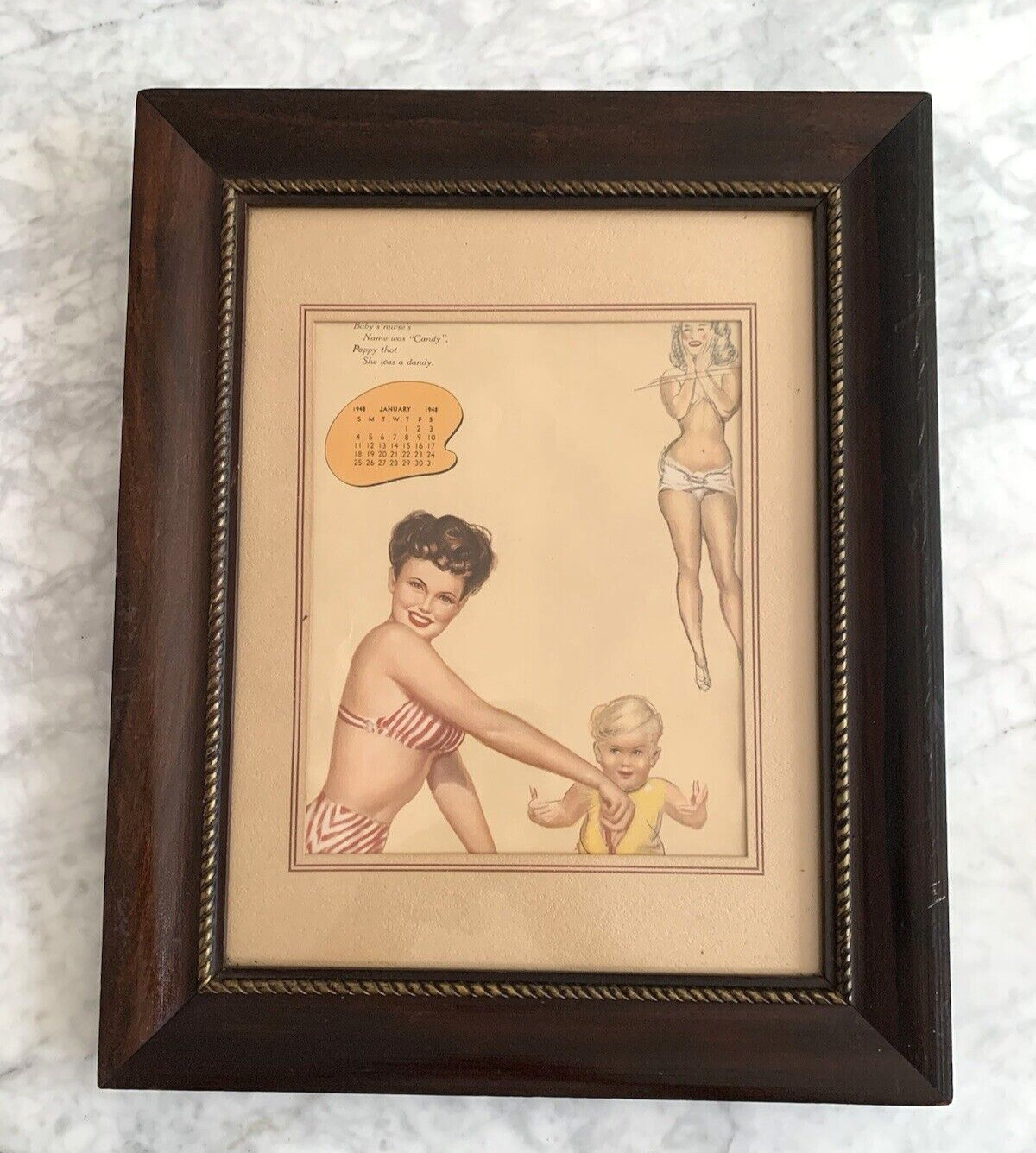 VTG 1948 Earl Mac Pherson Pin-Up Calendar Page - Framed Nurse Candy & Pappy READ