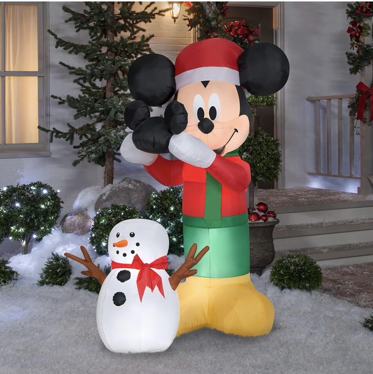 6ft Tall Gemmy Animated Inflatable Mickey Putting Hat on Snowman