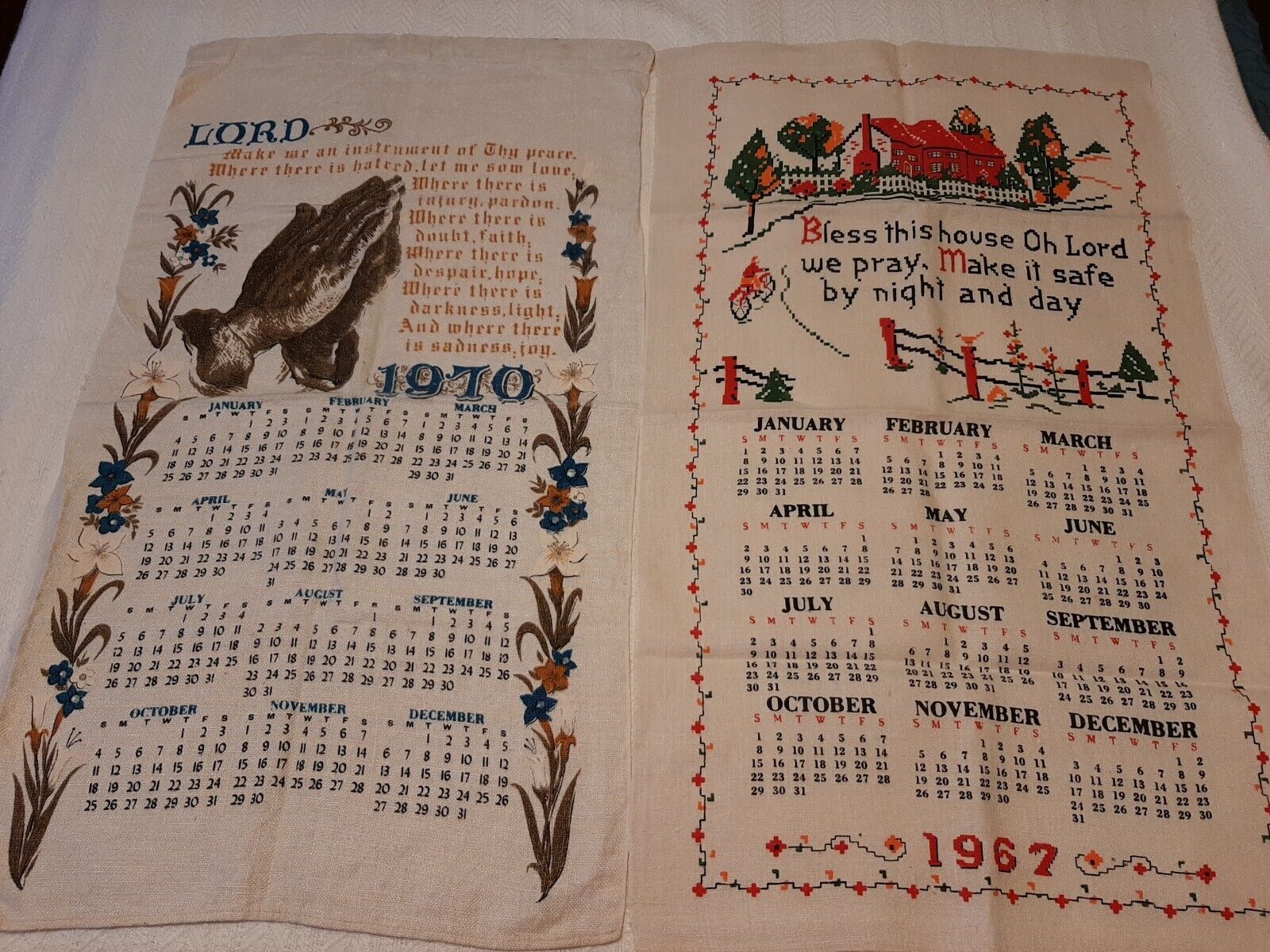 2 Calendars 1970 And 1967 On Cloth vintage