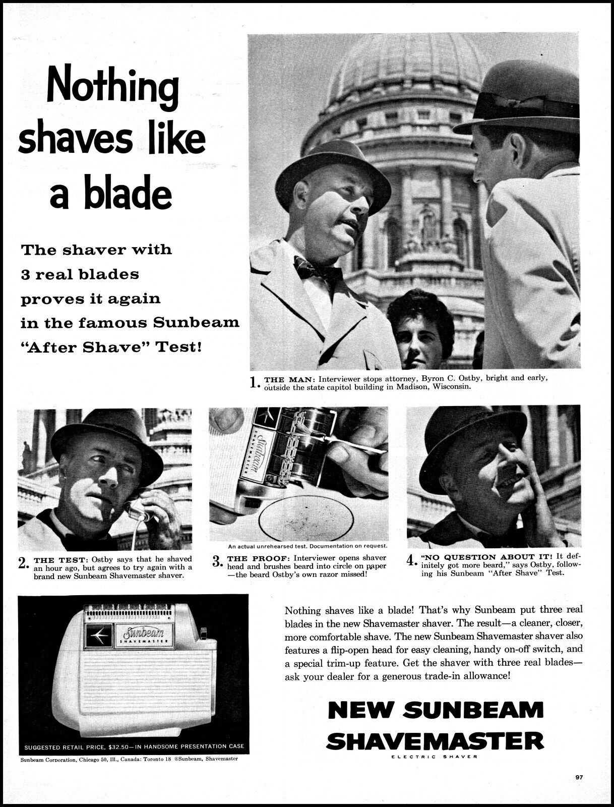 1961 Byron Ostby Madison Wisconsin Sunbeam shaver vintage photo print ad L11