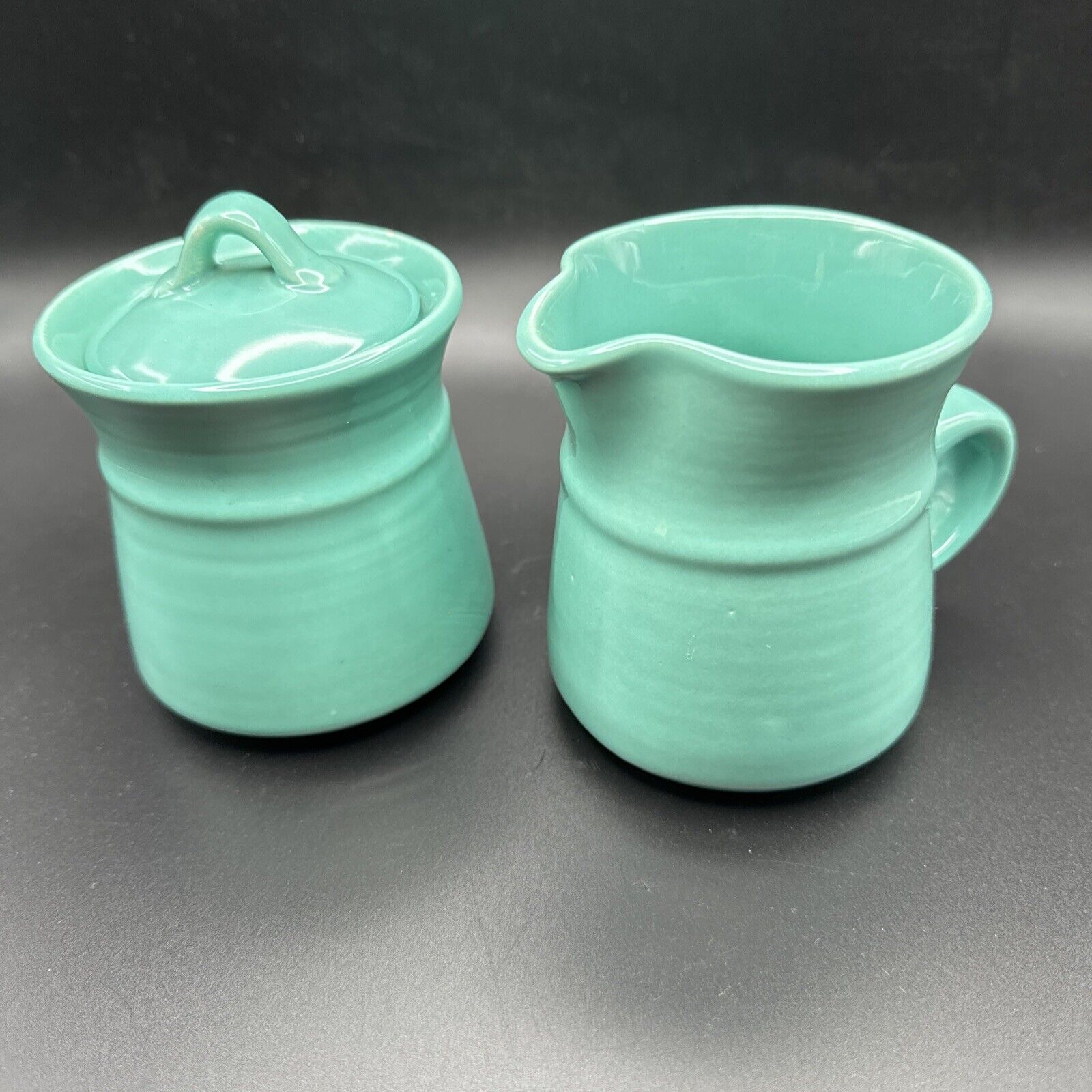Vtg Metlox Poppytrail Pottery Colorstax Aqua Sugar Lid & Creamer Set Green Rim