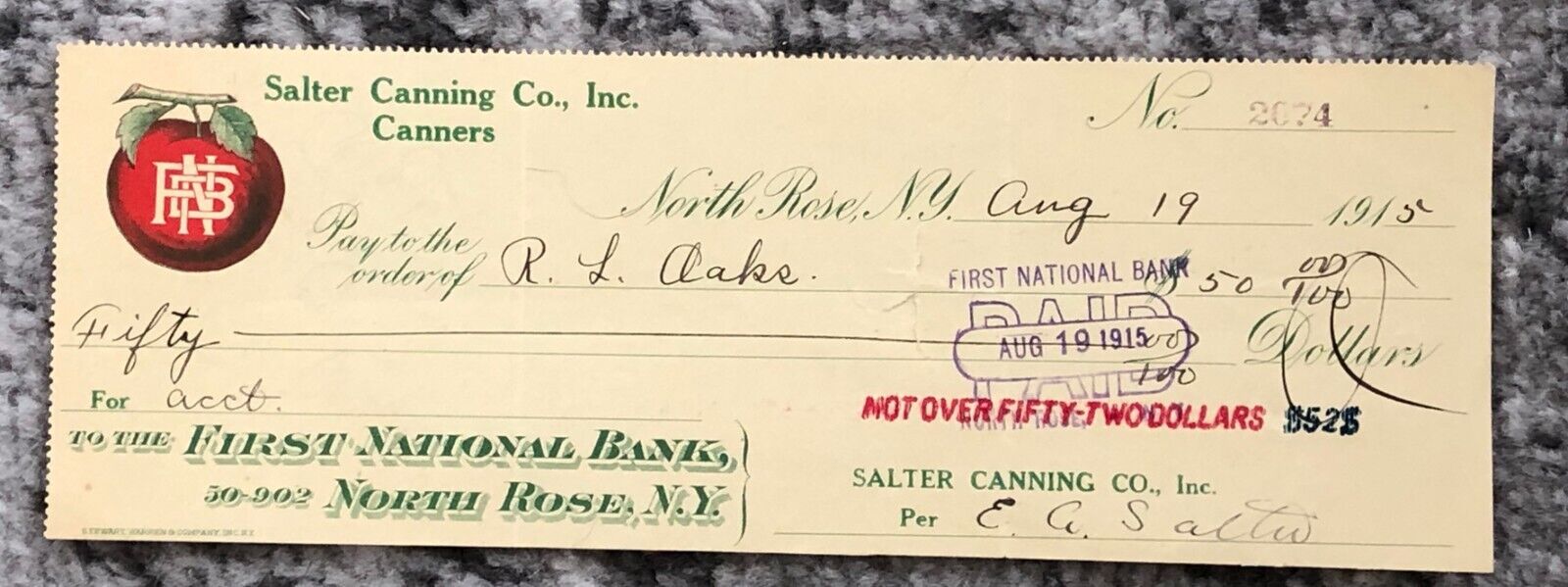 Antique Check August 19, 1915 Salter Canning Original Written Stamped NY Vintage