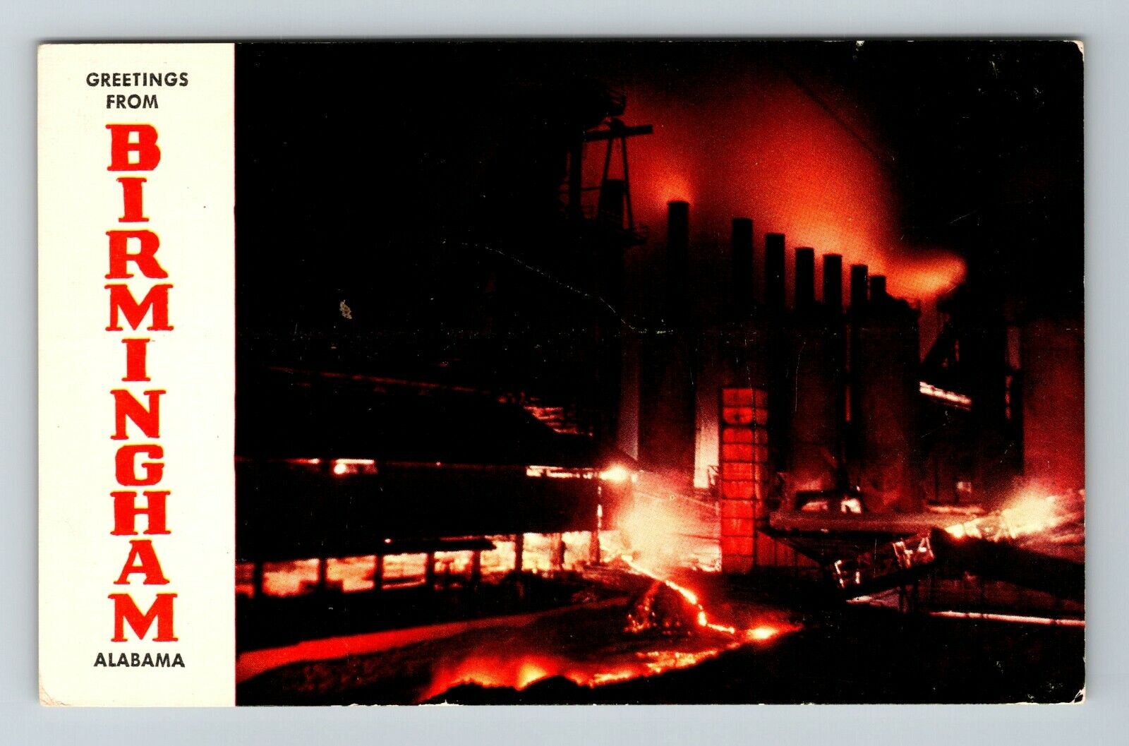 Birmingham AL-Alabama, Greetings, Night View Blast Furnace, Vintage Postcard