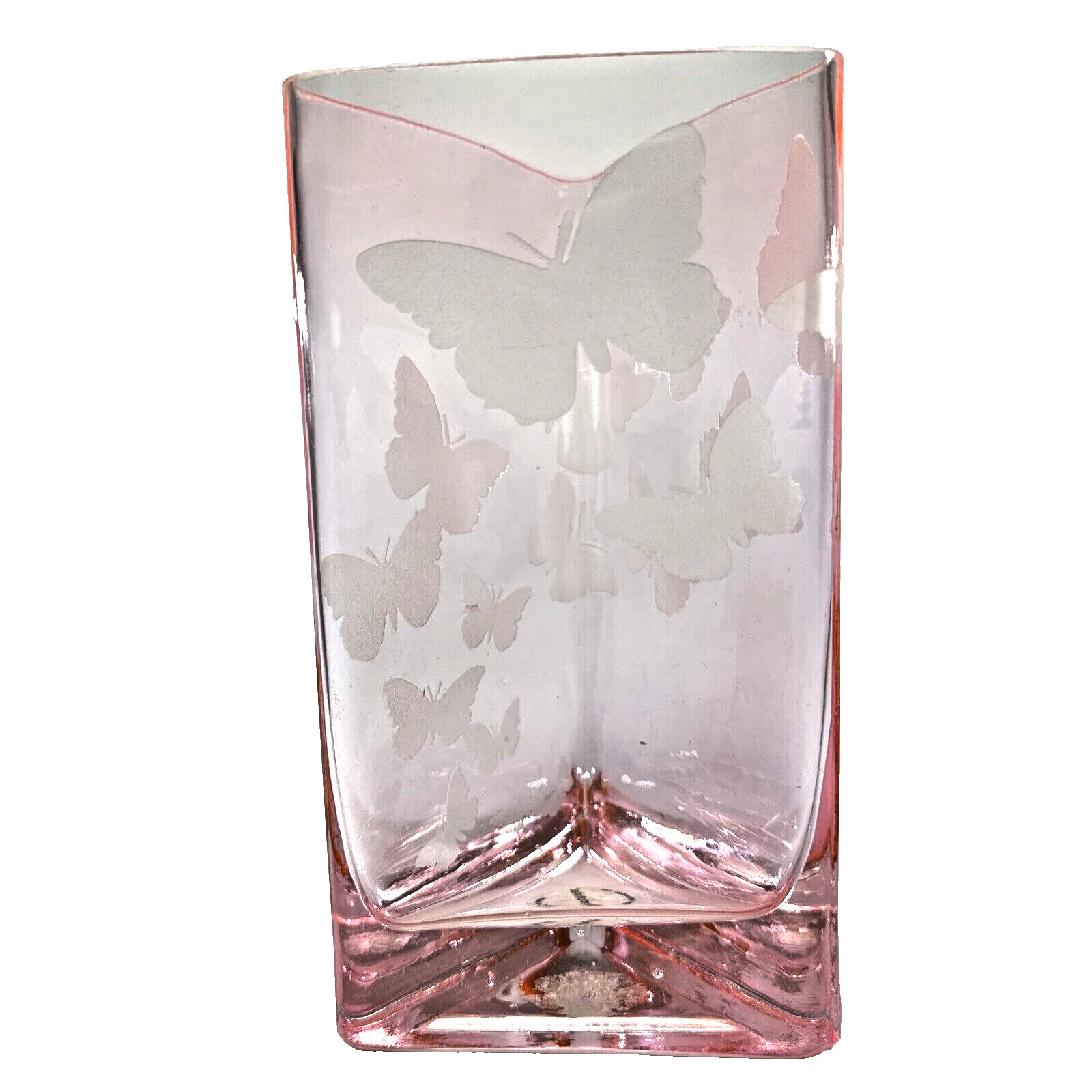 Teleflora Etched Butterflies on Triangular Pink Glass Vase
