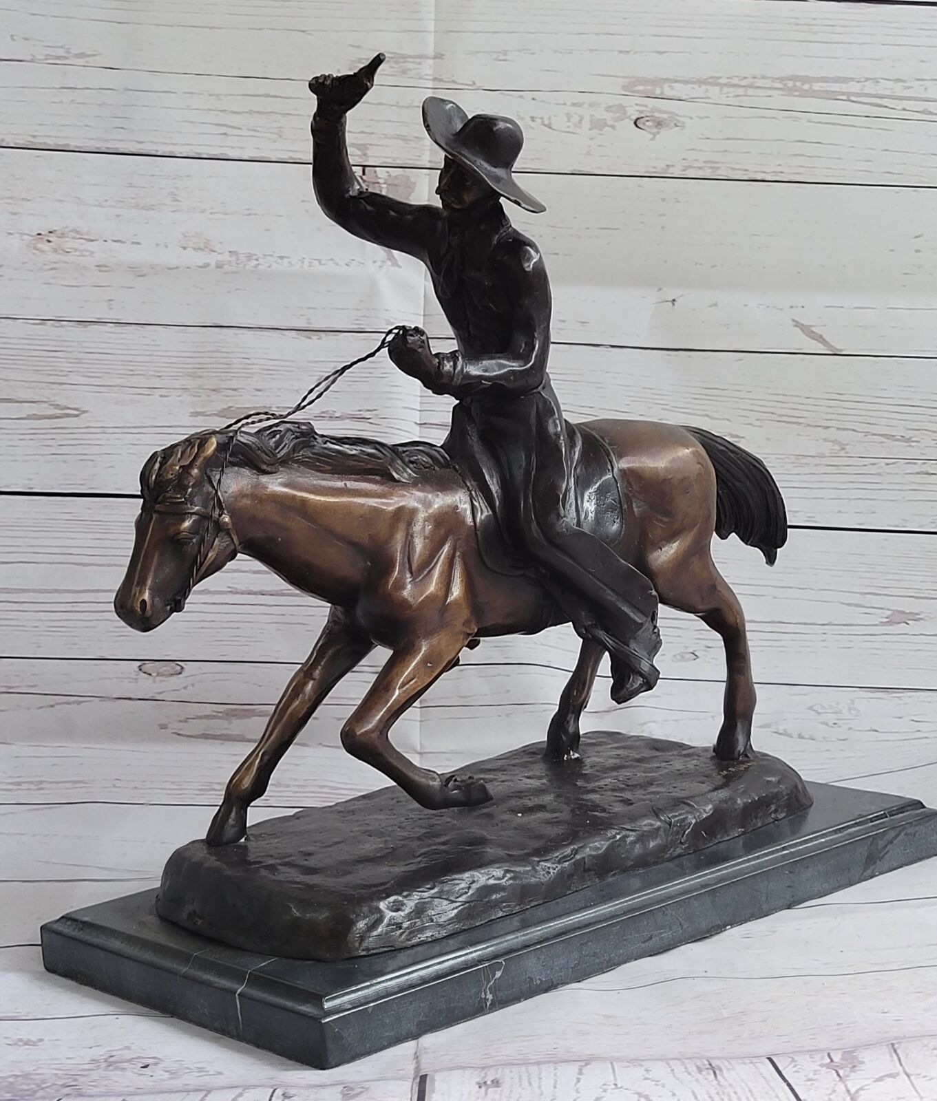 Will Rogers Solid Bronze C.M. Russell Bronze Cowboy Riding Horse Art Statue 16\