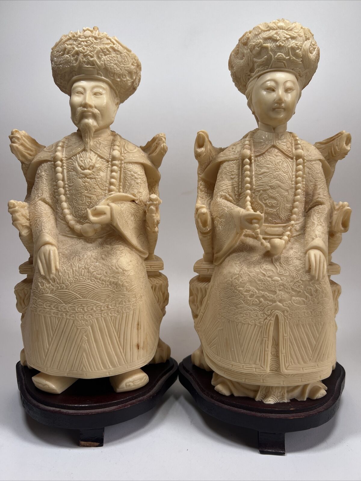 Vintage Chinese Emperor and Empress Hand-Carved  Resin Figures & Base 13”