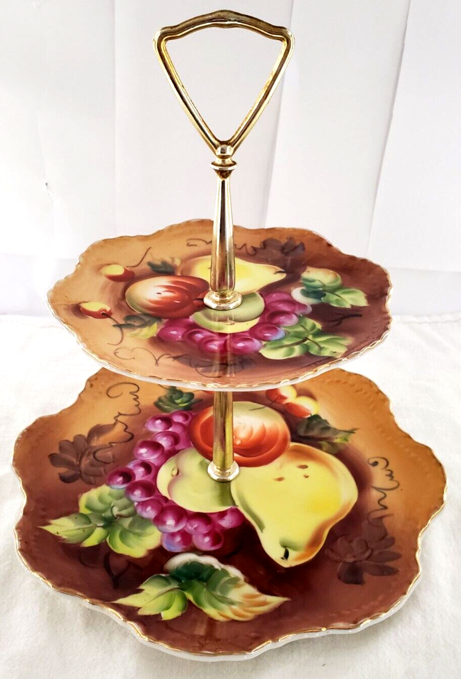 Vintage Lefton Hand Painted Brown Fruit 2 tier Dessert Tray