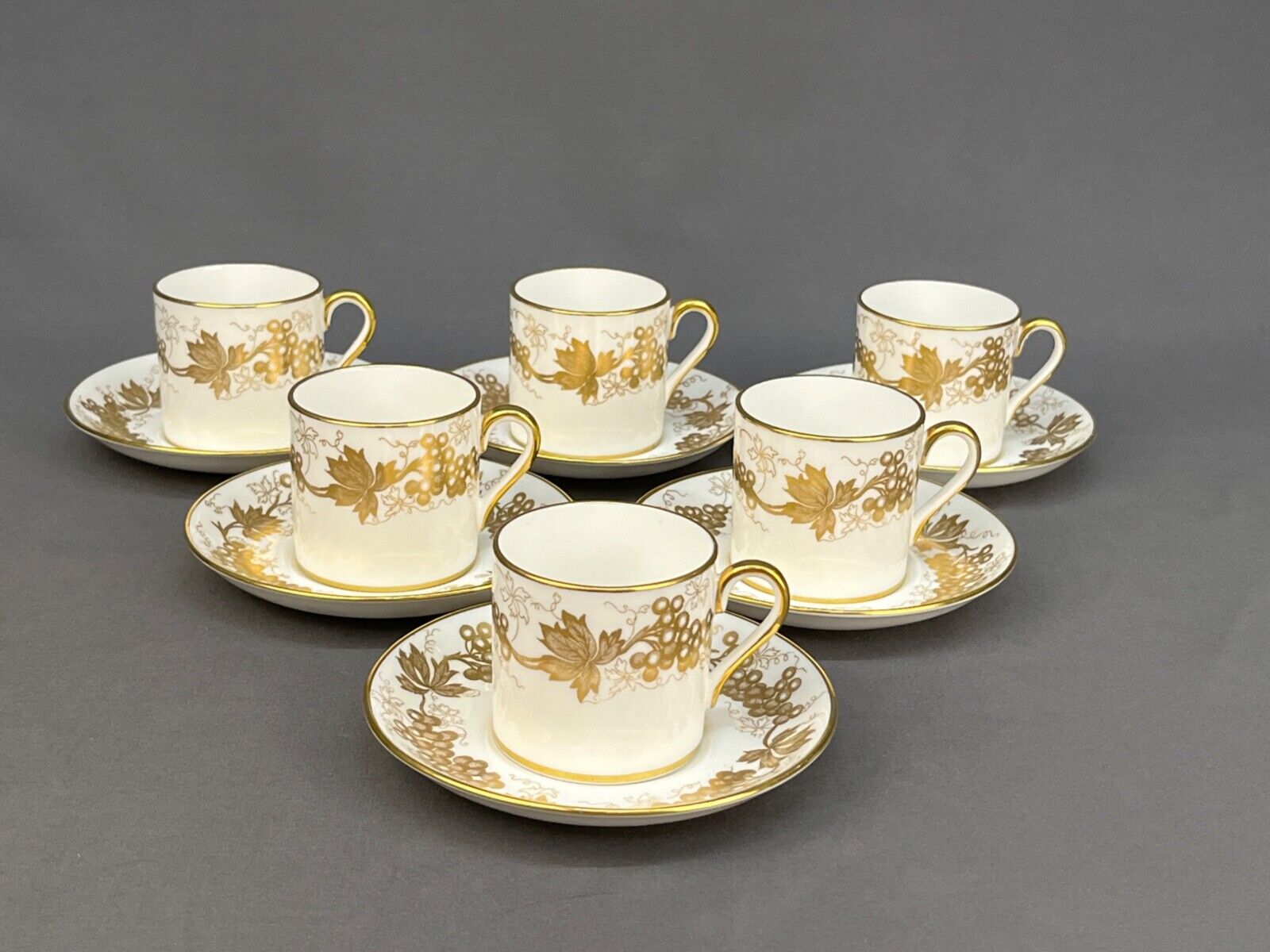 6 Hammersley & Co for Tiffany Demitasse Cup & Saucer Sets Gilt Grapes & Leaves