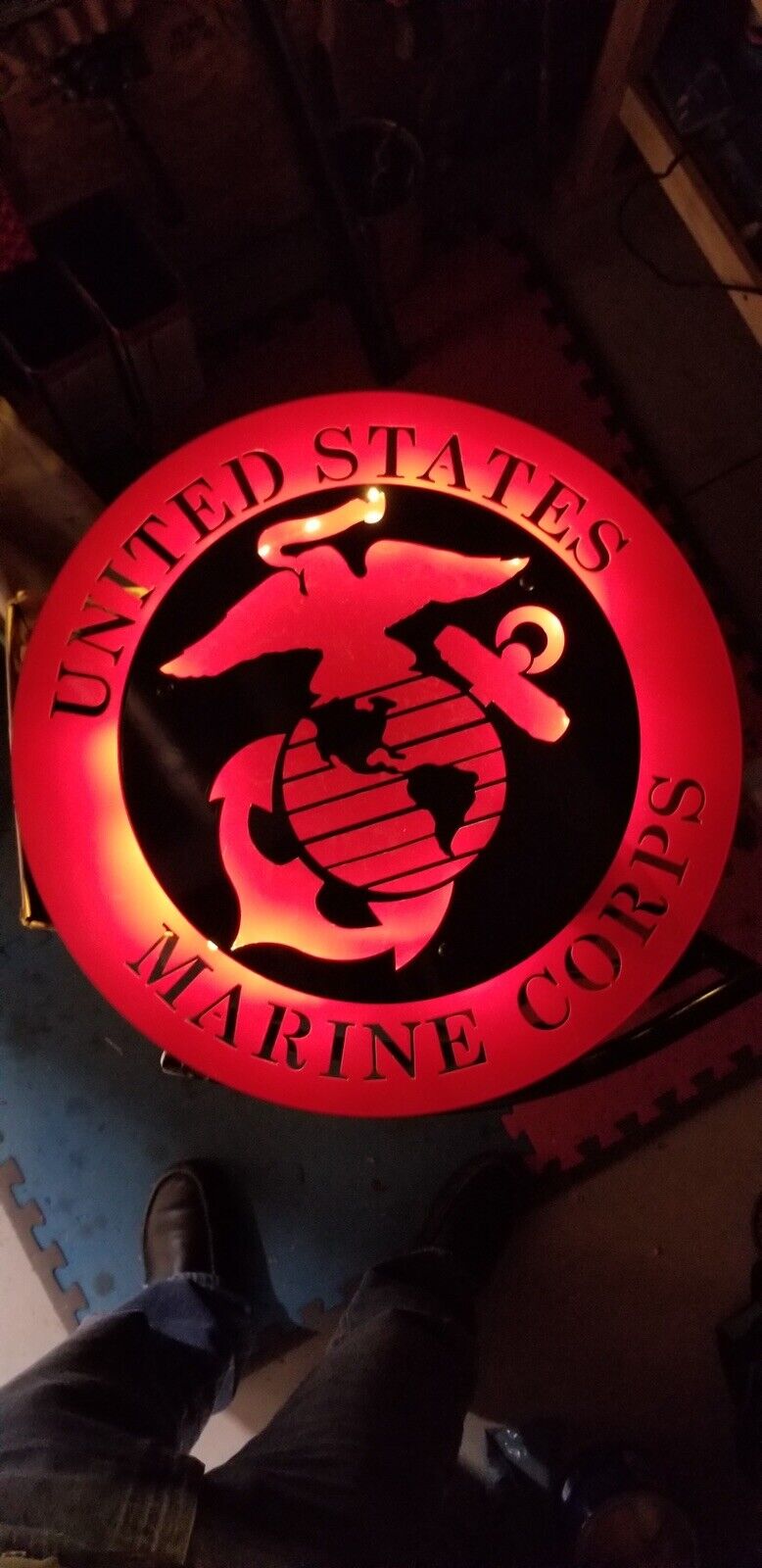 USMC “Lighted”, Laser Cut, 3D Steel Wall Plaque, Black & Red 18” & 12 1/2” Dia.