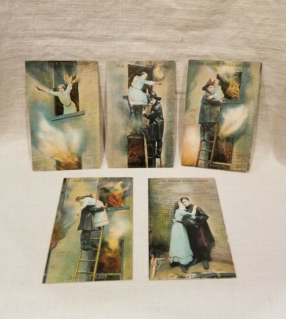 Antique UNUSED Postcards 'Our Brave Fireladdies' Complete Set Of 5  