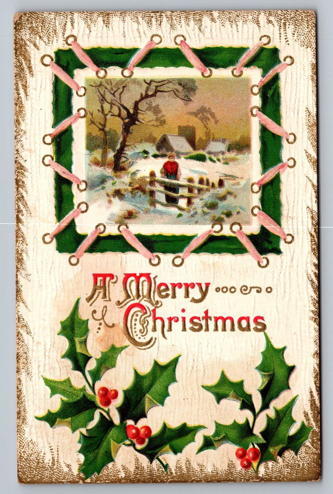 A Merry Christmas Antique Embossed Postcard c1910 w/ Farm Scene