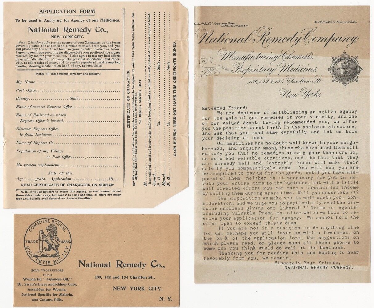National Remedy Company Patent Medicine “Looking for Agents” Original Material