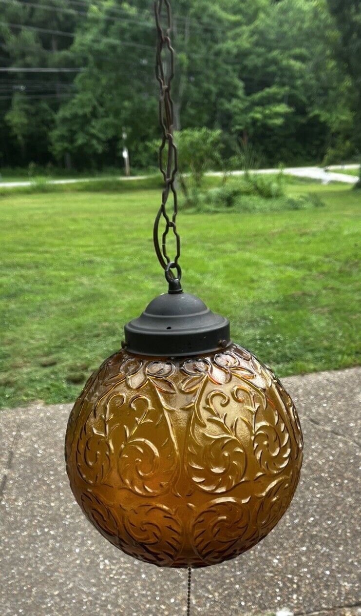 Vintage MCM Amber Globe Hanging Swag Lamp with Long Chain Tested And Working