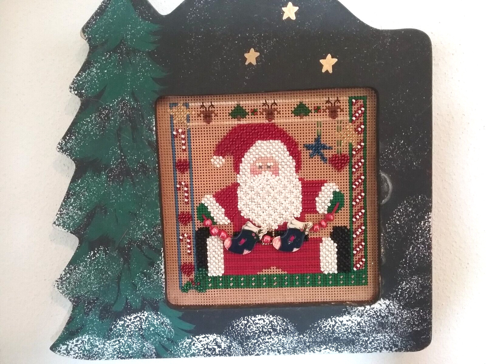 Vtg 90\'s Christmas Santa Beaded Holiday Needlepoint in Handcrafted Frame