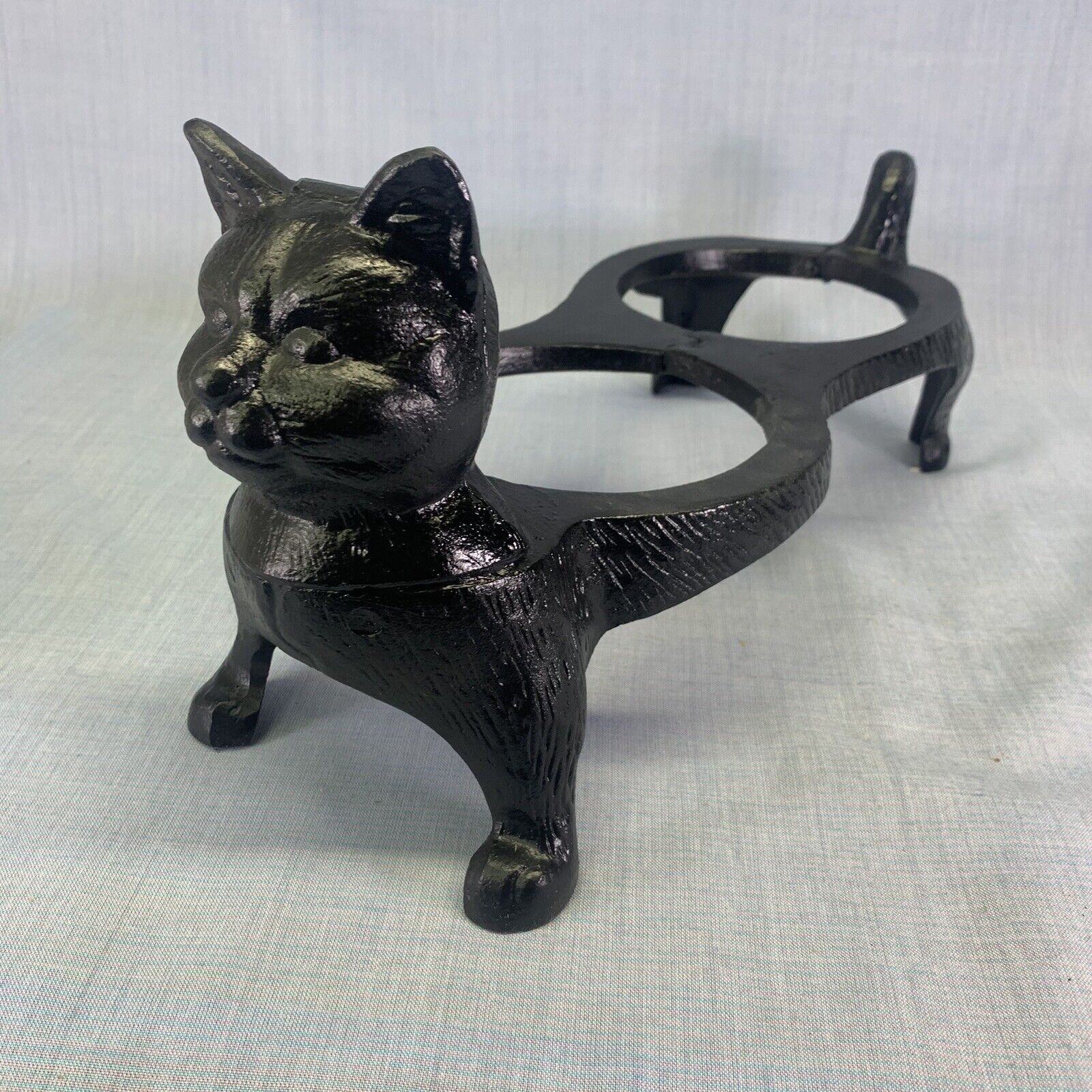 Cast Iron Black Cat Pet Food Water Raised Heavy Dish Bowl Holder Stand Vintage