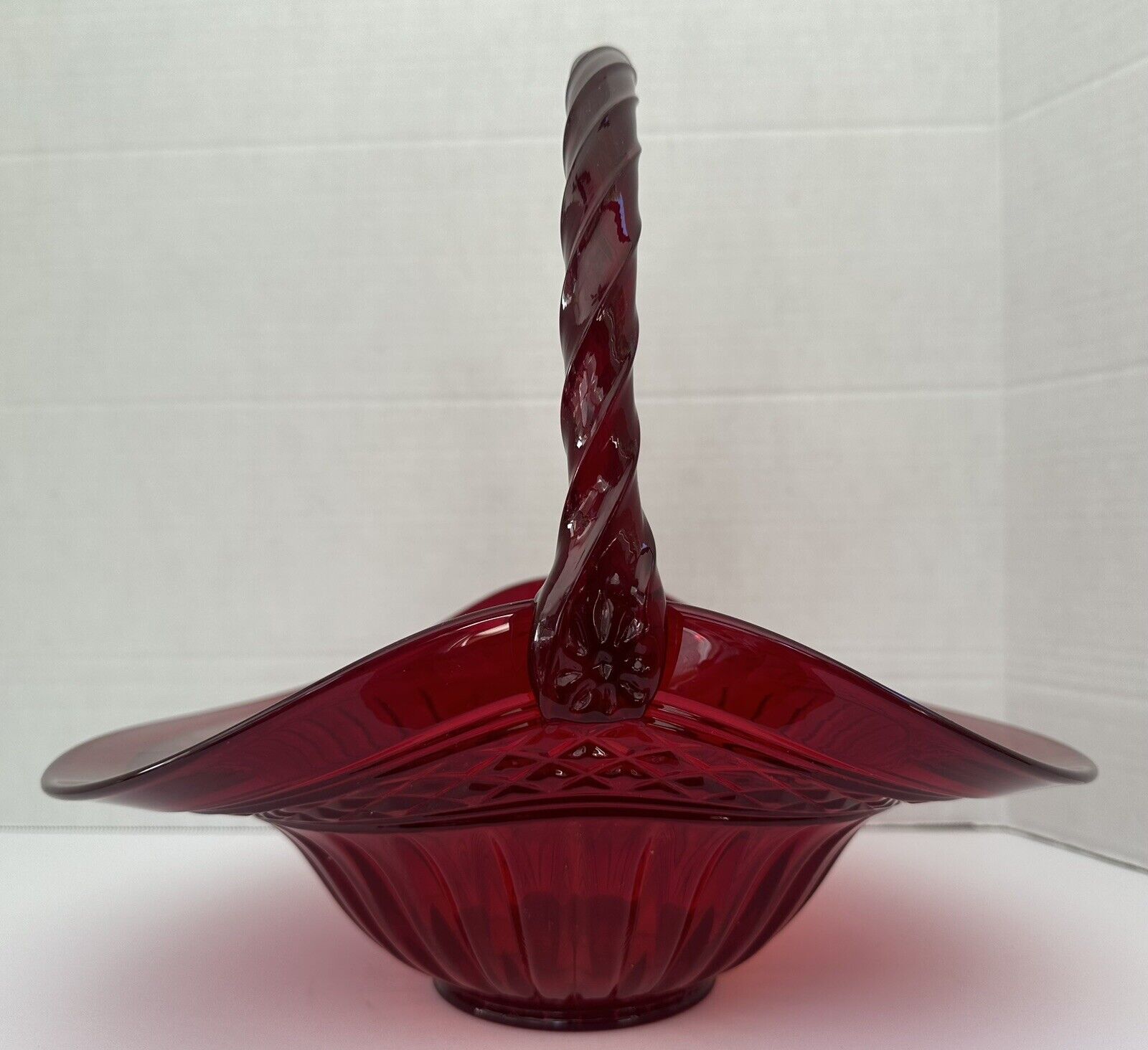 Vintage Fenton Large Red Glass Basket with Handle, Marked 1990s