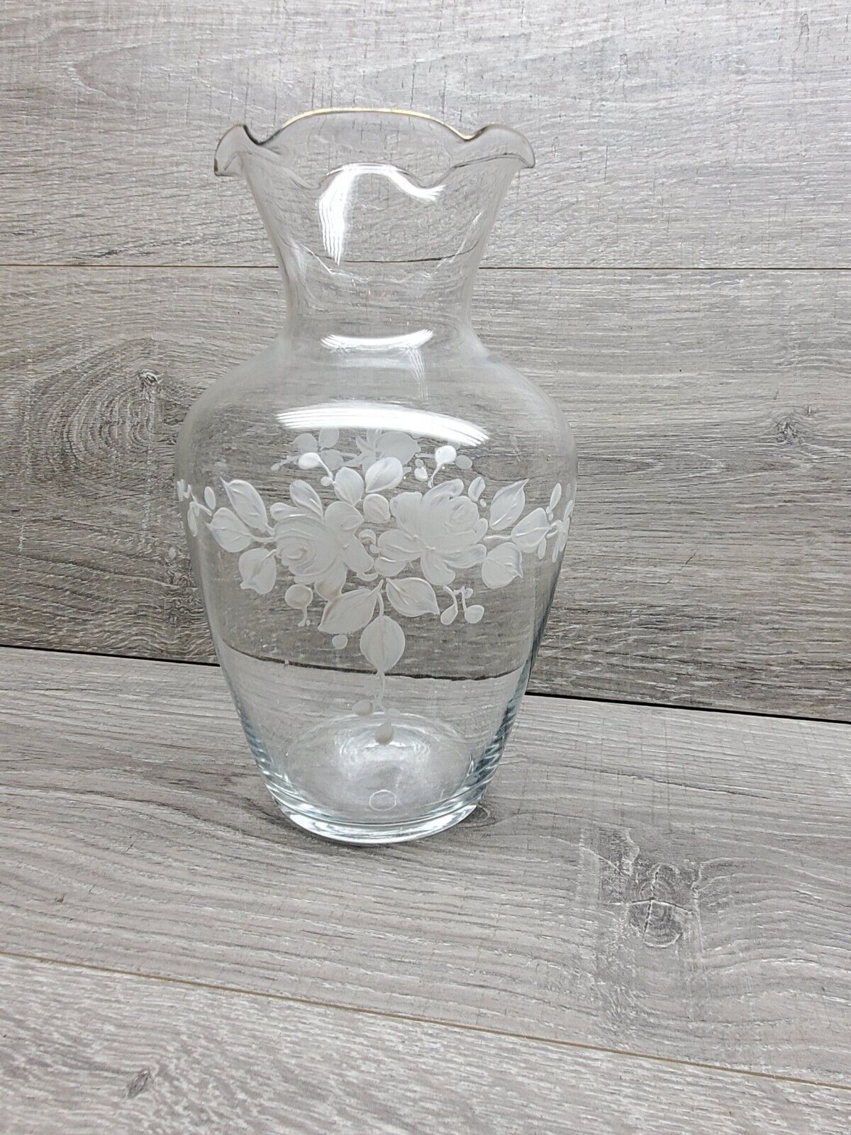 Handpainted Floral Clear Glass Vase Ruffled Top 8\