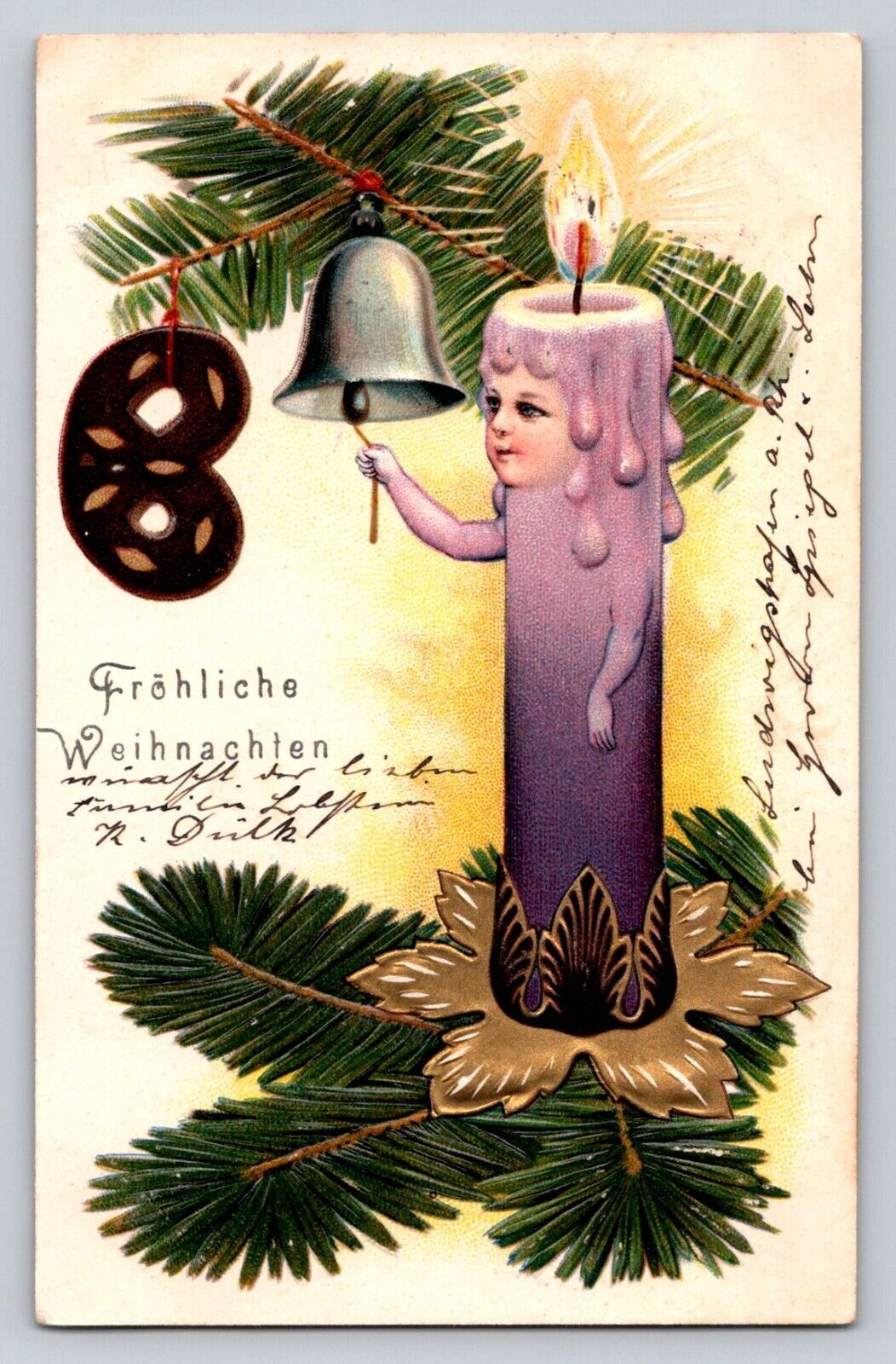c1905 Anthropomorphic Pirple Candle Rings Bell Pretzel Chocolate Christmas P799