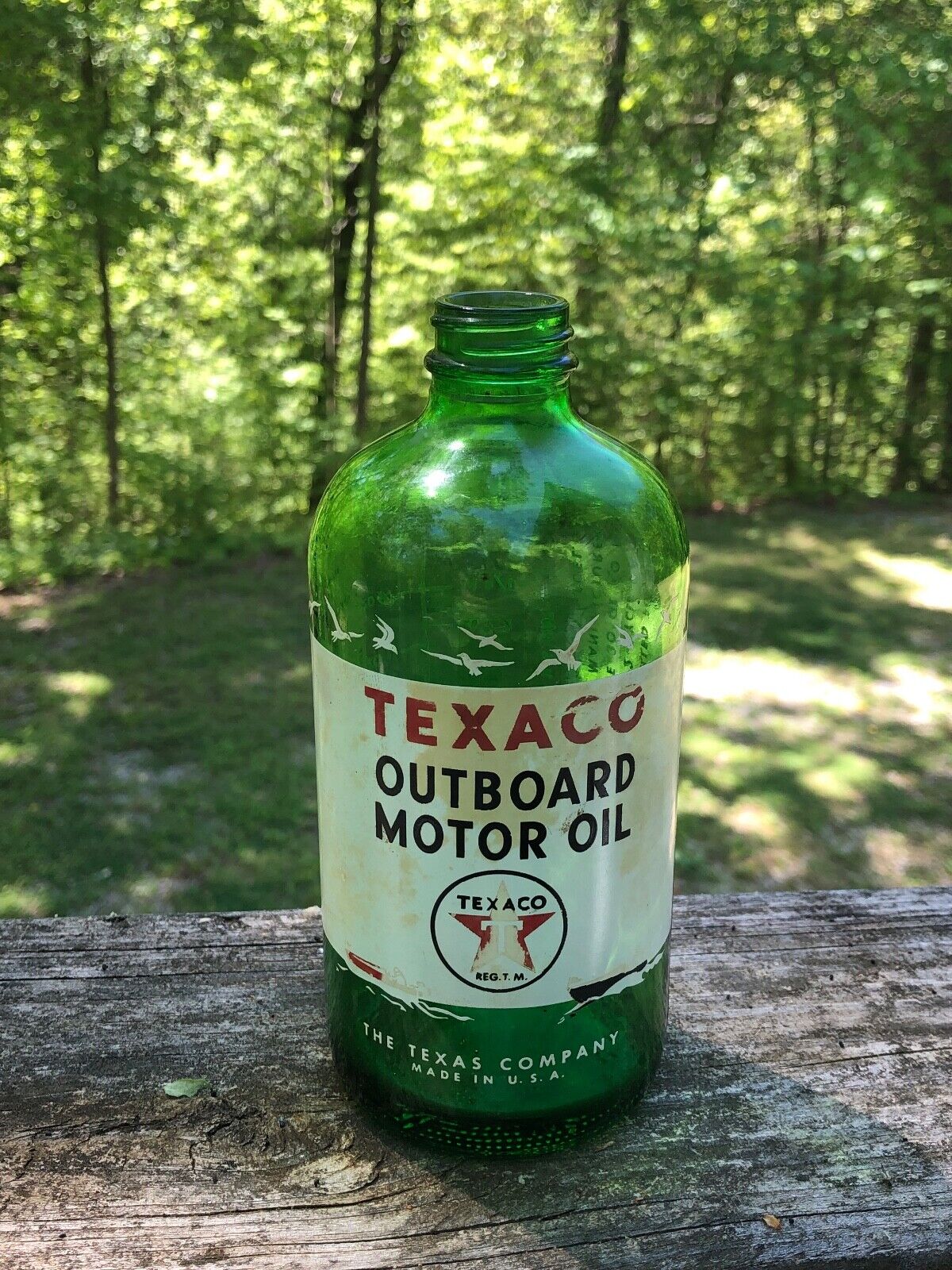 Vintage Green Glass Texaco Outboard Motor Oil Bottle - No Lid
